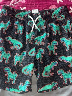 Kids Black Swim Trunks with Teal Dinosaur Print